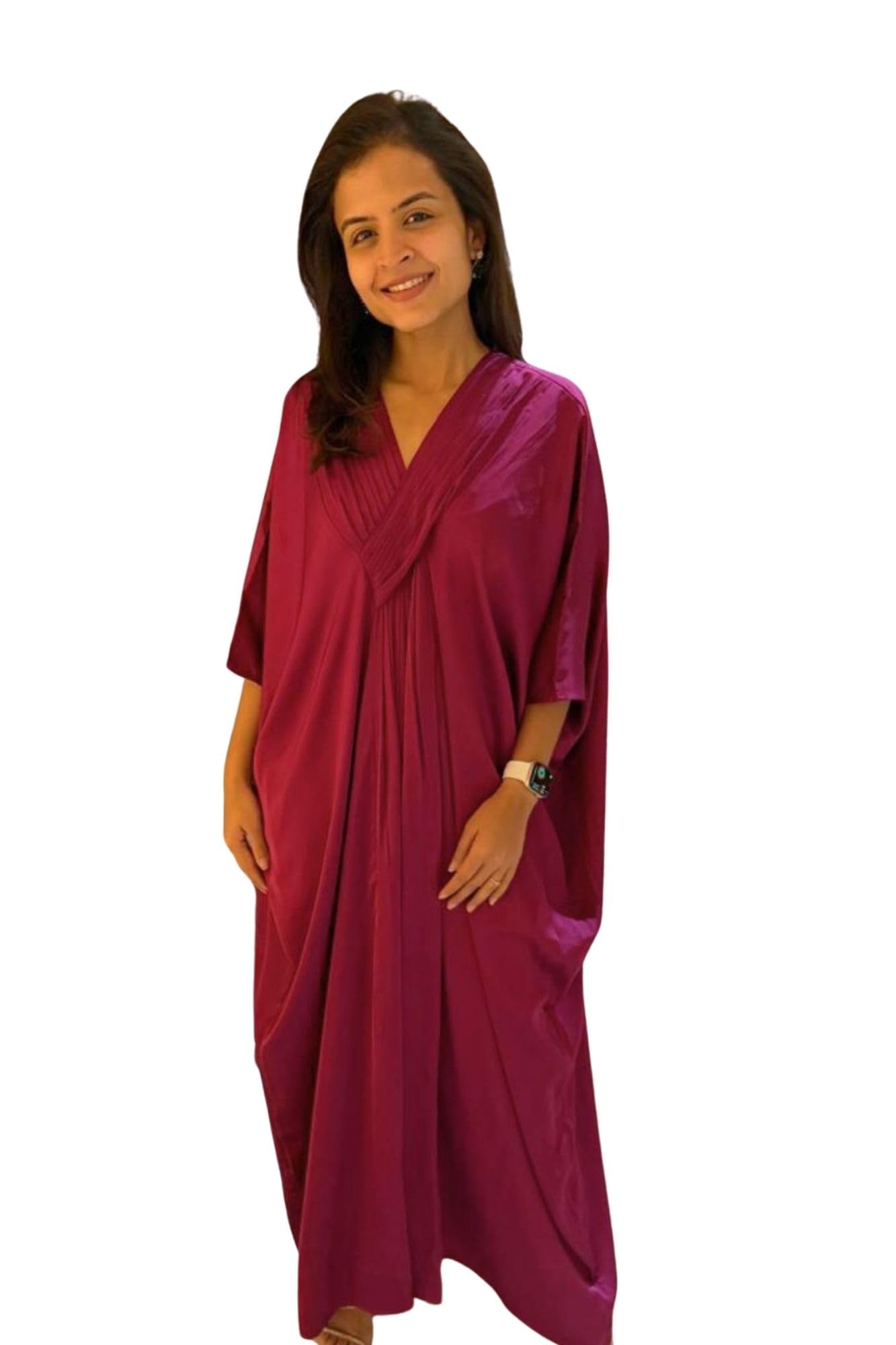 Luxe Hot Pink Satin V Neck Maternity Kaftan Dress-image-46