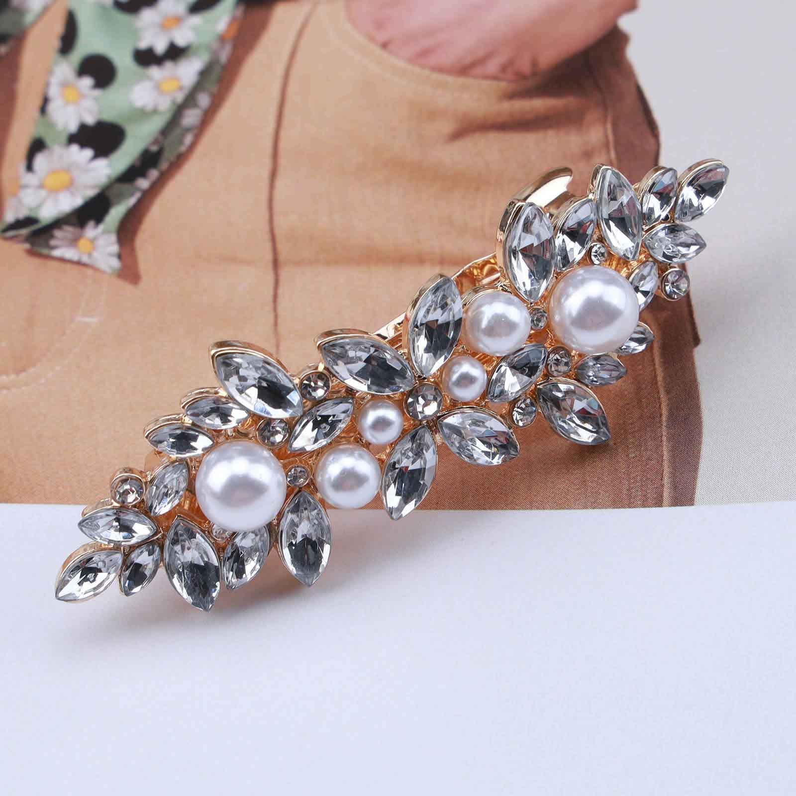 Cimenexe Bohemian Crystal Pearl Hair Clip Sparkly Rhinestone Hair Clip Pin Gold Crystal Hair Pins Clips Paved Flower Hair Barrette Bridal Headwear Decorative Pearl Wedding Hair Accessories Jewelry - Image 2