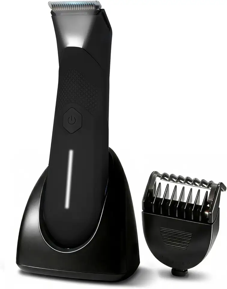 Aparador corporal masculino – Barbeador de virilha e bola com base de carregamento – Aparador elétrico de pelos pubianos sem puxar de potência constante – Protetor 5 em 1 à prova d'água com luz LED