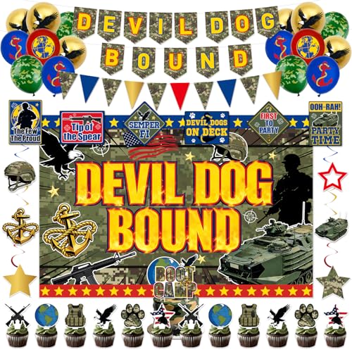 Mpanwen Marines Party Decorations Military Marine Corps Themed Farewell Birthday Party Decor Supplies for Marines Welcome Ceremony - Backdrop Banner Balloons Hanging Swirls Wall Signs