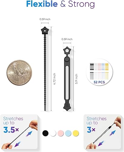 Miniatura 2 de Paquete de 52 bridas de silicona reutilizables, con diseño de estrella en 2 estilos, organización de cables duraderos y elásticos para el hogar,