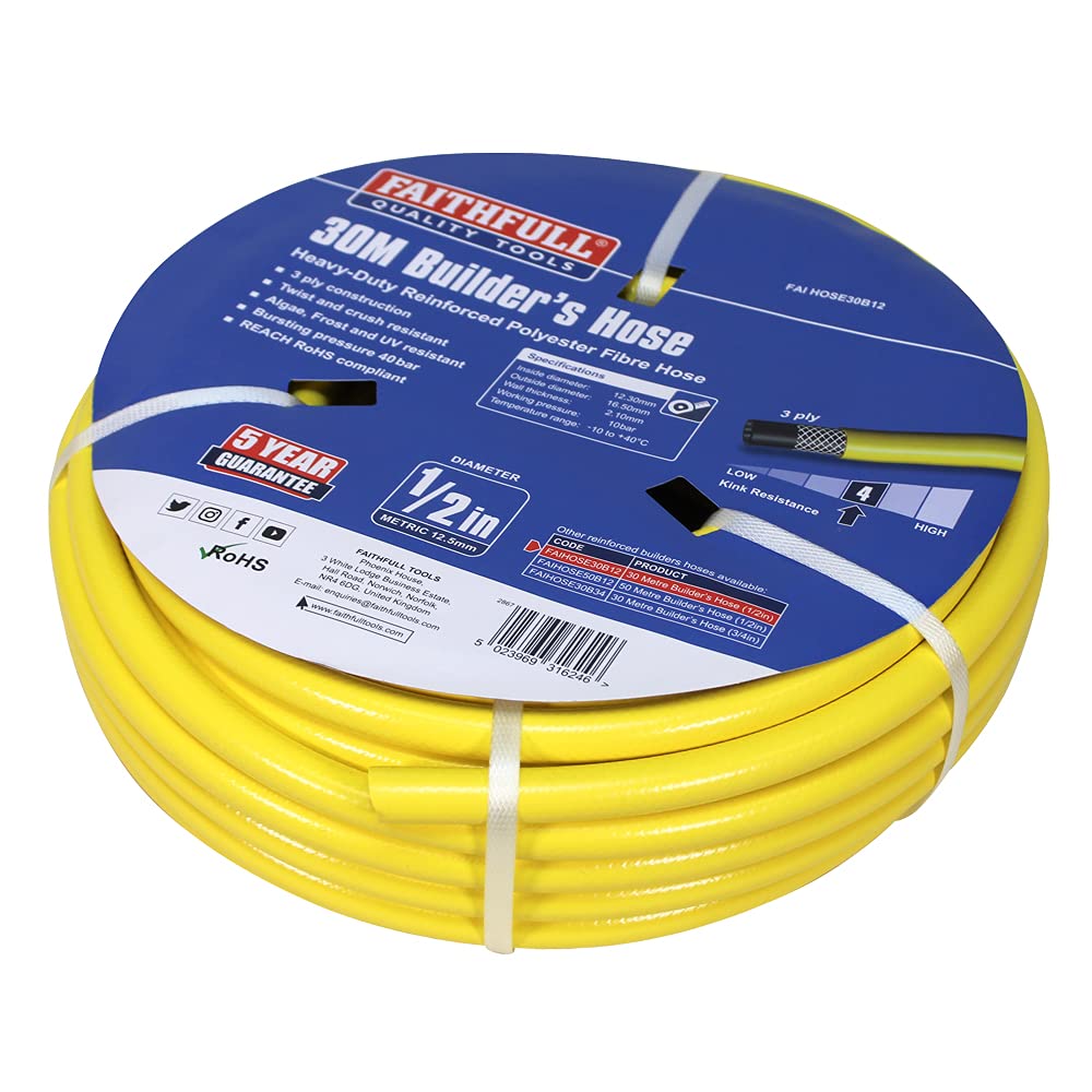 Faithfull Builders Hose - 30M - 1/2 Inch - Yellow - Heavy Duty Reinforced Polyester