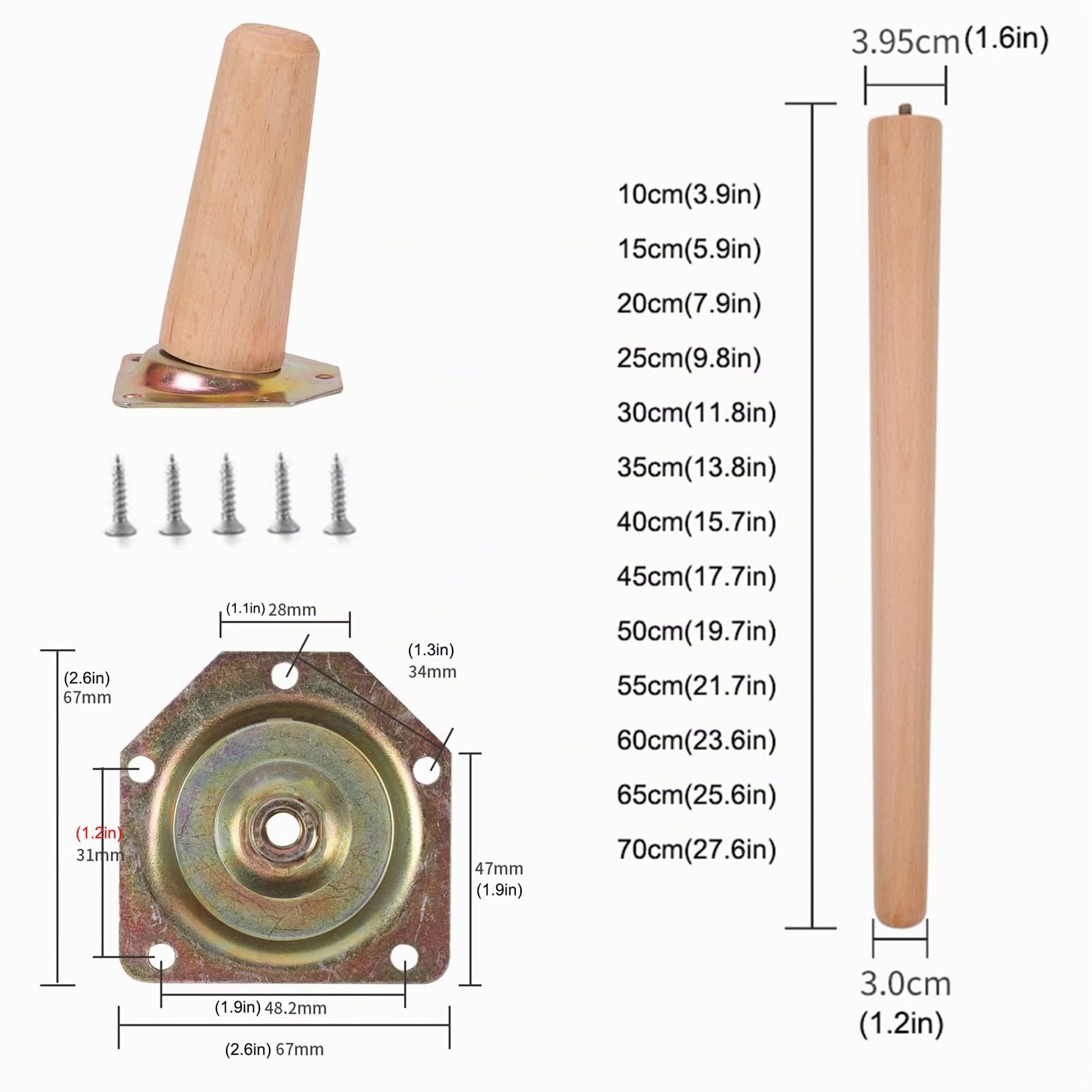 4 Pièces Pieds de Meubles en Bois Massif (Hêtre), Pieds de Table Conique de Remplacement pour Table à Manger, Canapé, Armoire, Avec Vis, Couleur du Bois (60cm/23.6in, Tilt)