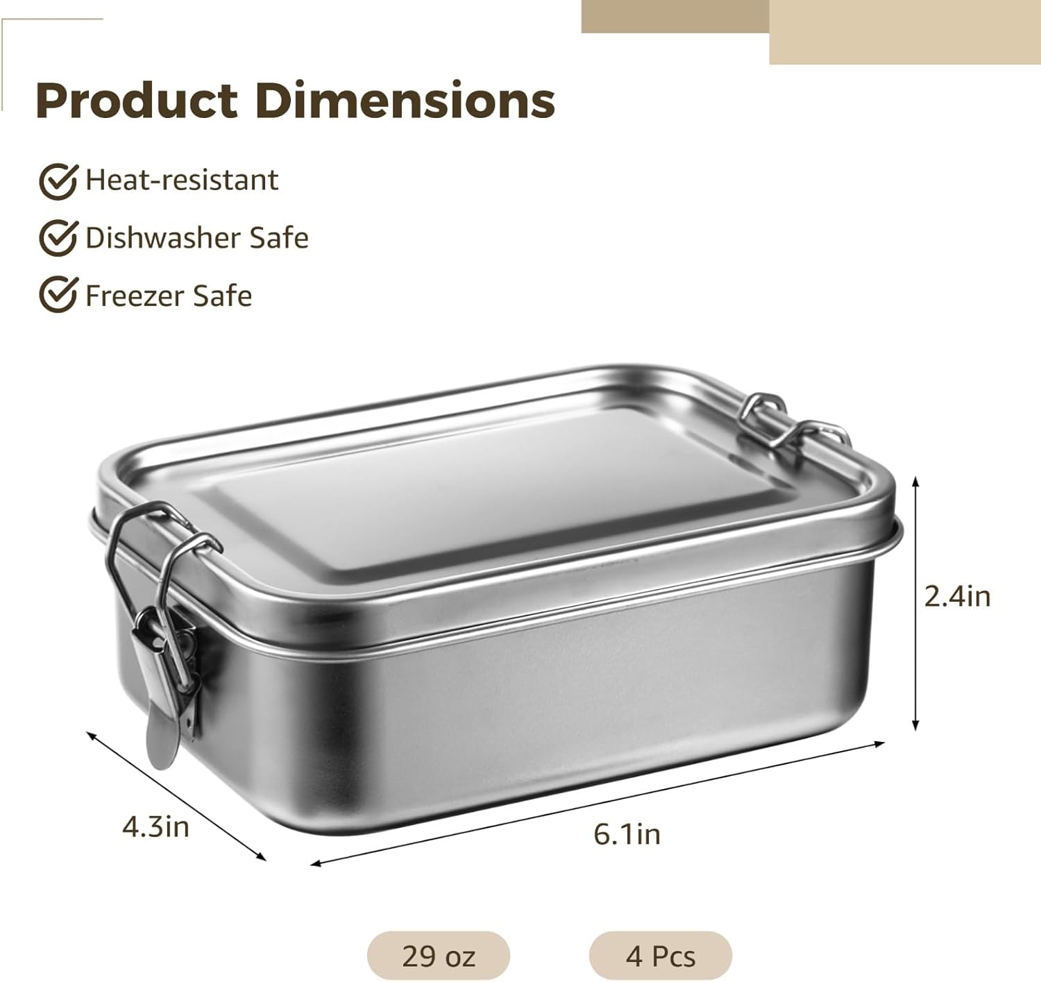 4 PCS Bento Boxes, 850 ML Stainless Steel Lunch Boxes, Food Storage Containers, Portable Metal Lunch Containers, Lockable Clips to Leak Proof, Reusable Dishwasher Safe Lunch Snack Boxes - Image 4