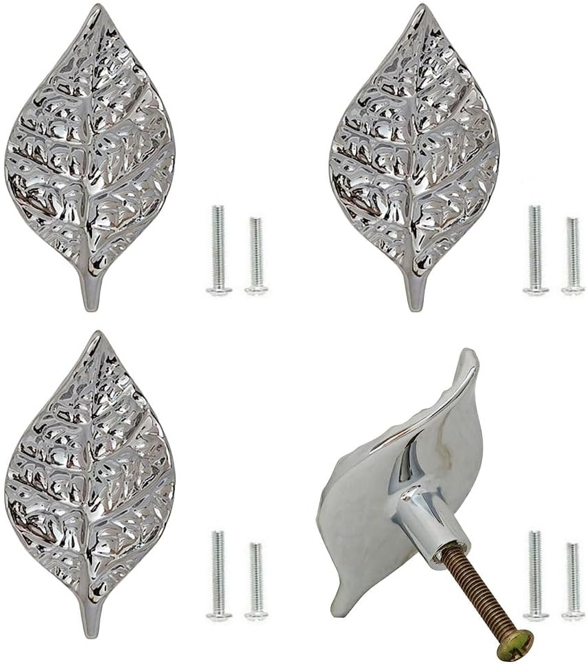 4 Pcs Vintage Leaf Knobs for Cabinets and Drawers, Decorative Leaves Knob Pull, Zinc Alloy Single Hole Handle for Wardrobe Dresser Bookcase Furniture Hardware Accessories (Silver)