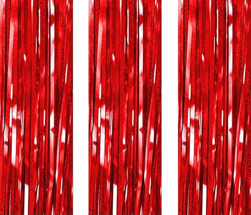 AILEXI 3 Pack Rideaux Métalliques Clinquant Feuille Frange Miroitement Rideau Porte Fenêtre Décoration Pour Anniversaire Fournitures De Fête De Mariage 3.2ft*6.6ft (1m*2m) - Laser Rouge Cover