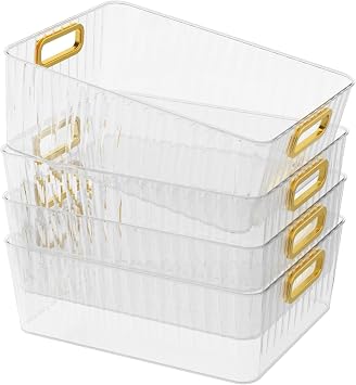 4 Packs Clear Plastic Storage Bins with Handle, Pantry Organiser Containers for Kitchen Cupboard, Fridge, Cabinets, Bathroom