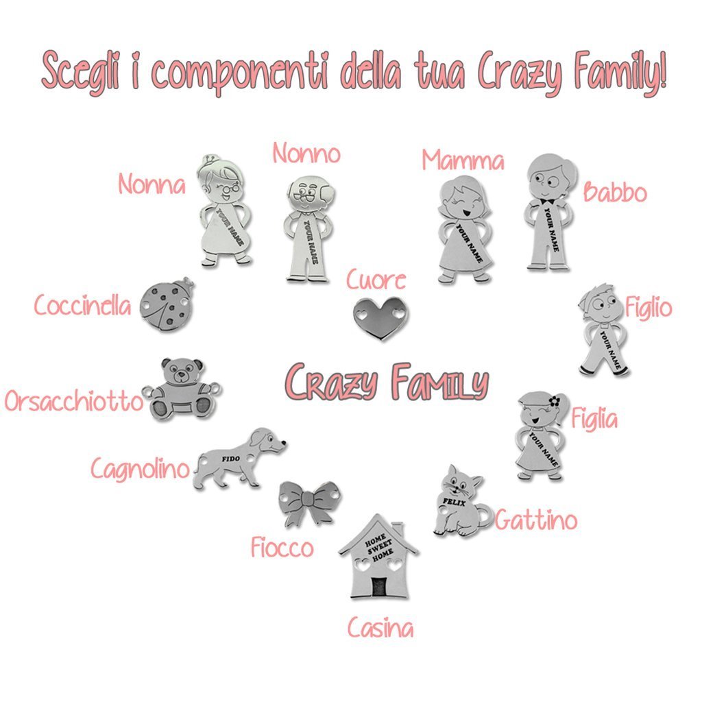 Bracciale personalizzato con 8 componenti della tua Famiglia con incisione nomi gratuita, in argento 925 rodiato.