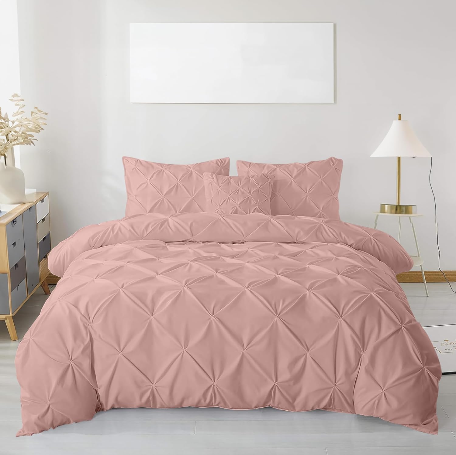 MK Home Textile Pintuck Duvet Cover Set – Luxury Pinch Pleat Bedding with Pillowcases, 100% Soft Microfiber, Wrinkle-Resistant Quilt Cover, Single Double King Super King (Pink, King)