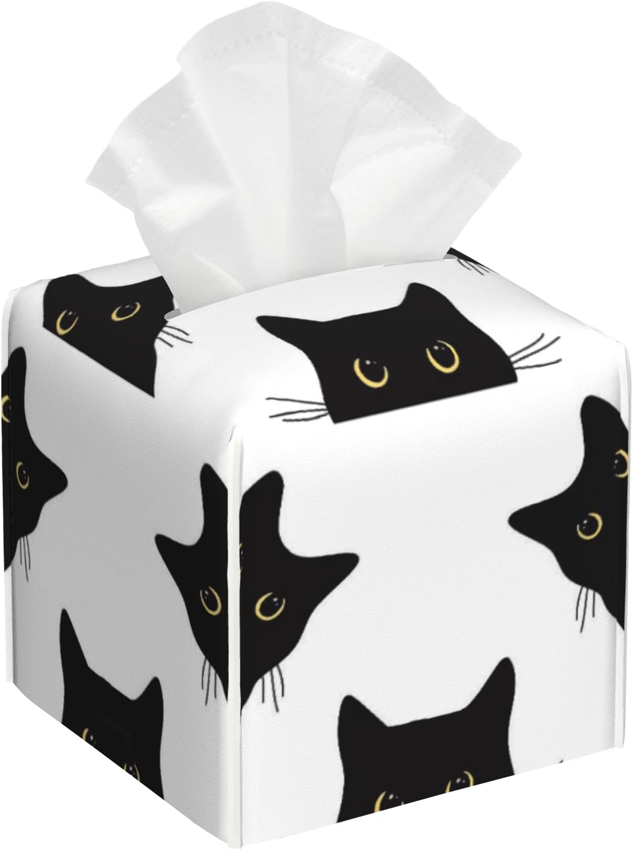 Black Cats Tissue Box Cover Square,Leather Tissue Holder with Bottom Belt,Waterproof Leather Facial Paper Organizer Tissue Box Cover for Home Office Bathroom Vanity Countertop,5.2" x 5.2" x 5.2"