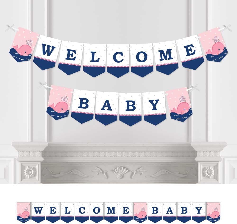Big Dot of Happiness Tale of a Girl Whale - Baby Shower Bunting Banner - Pink Party Decorations - Welcome Baby
