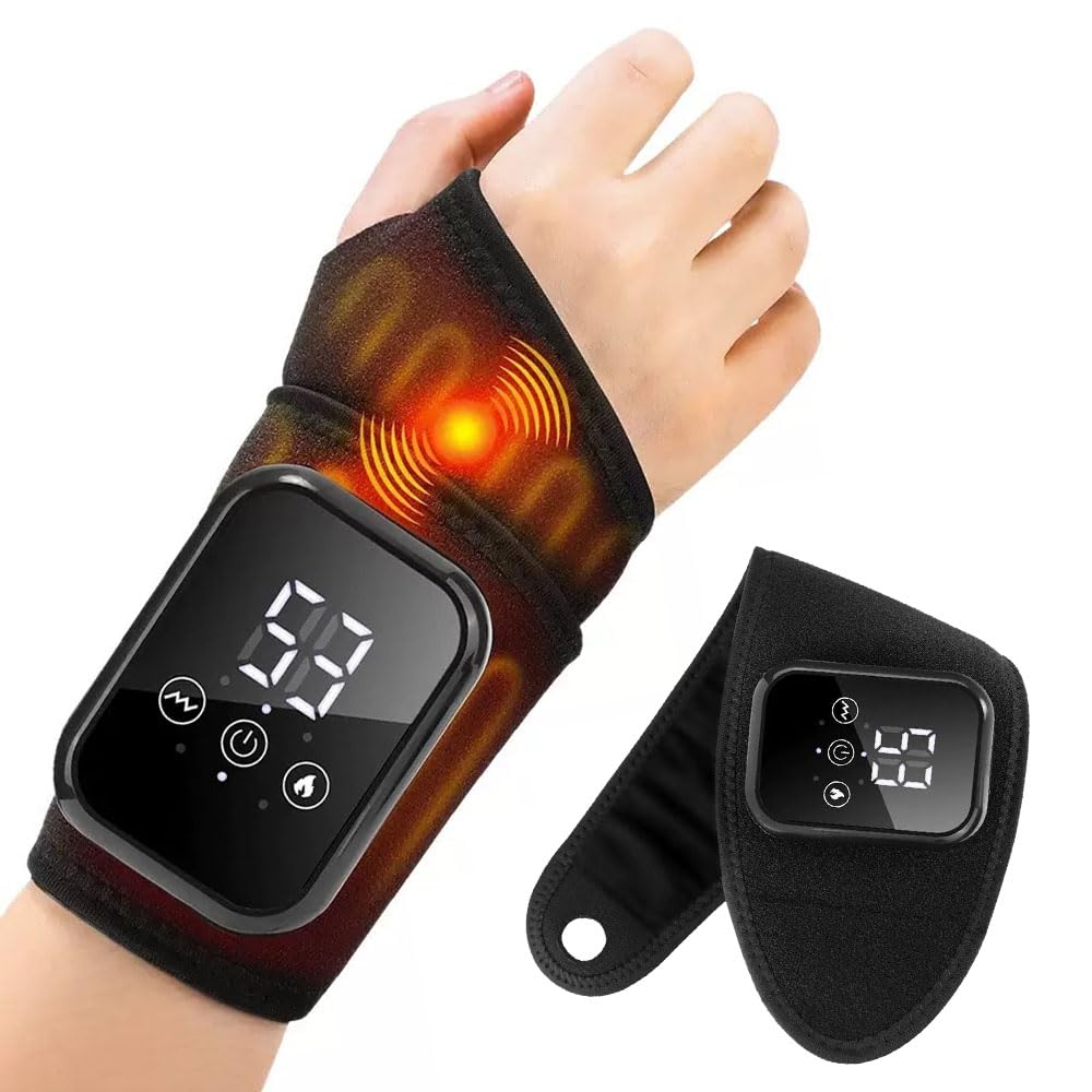 Masseur de Poignet Sans Fil avec Chaleur Vibration, Appareil de Massage pour Poignet Rechargeable, 3 Niveaux de Chaleur et 3 Modes Vibration, pour Relaxation Poignets et Main