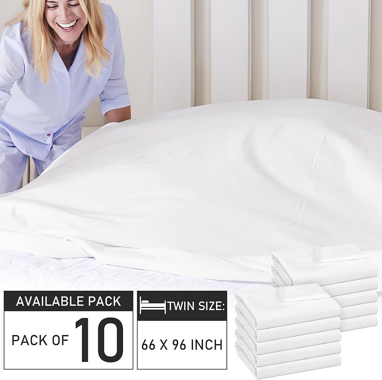 White Twin Flat Sheets Only - 10 Pack Top Sheets Bulk - Soft Brushed Microfiber - Bedding Essentials- Wrinkle & Stain Resistant for Hospital, Massage Table, Hotel, Airbnbs, Home, Travel (66"x96")