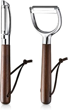 Ugotit Fruit Vegetable Peeler Set for Kitchen, Stainless Steel Potato Peelers Ultra Sharp Swivel Blade, Premium Real Wood Handle Leather Strap Y&I Shaped