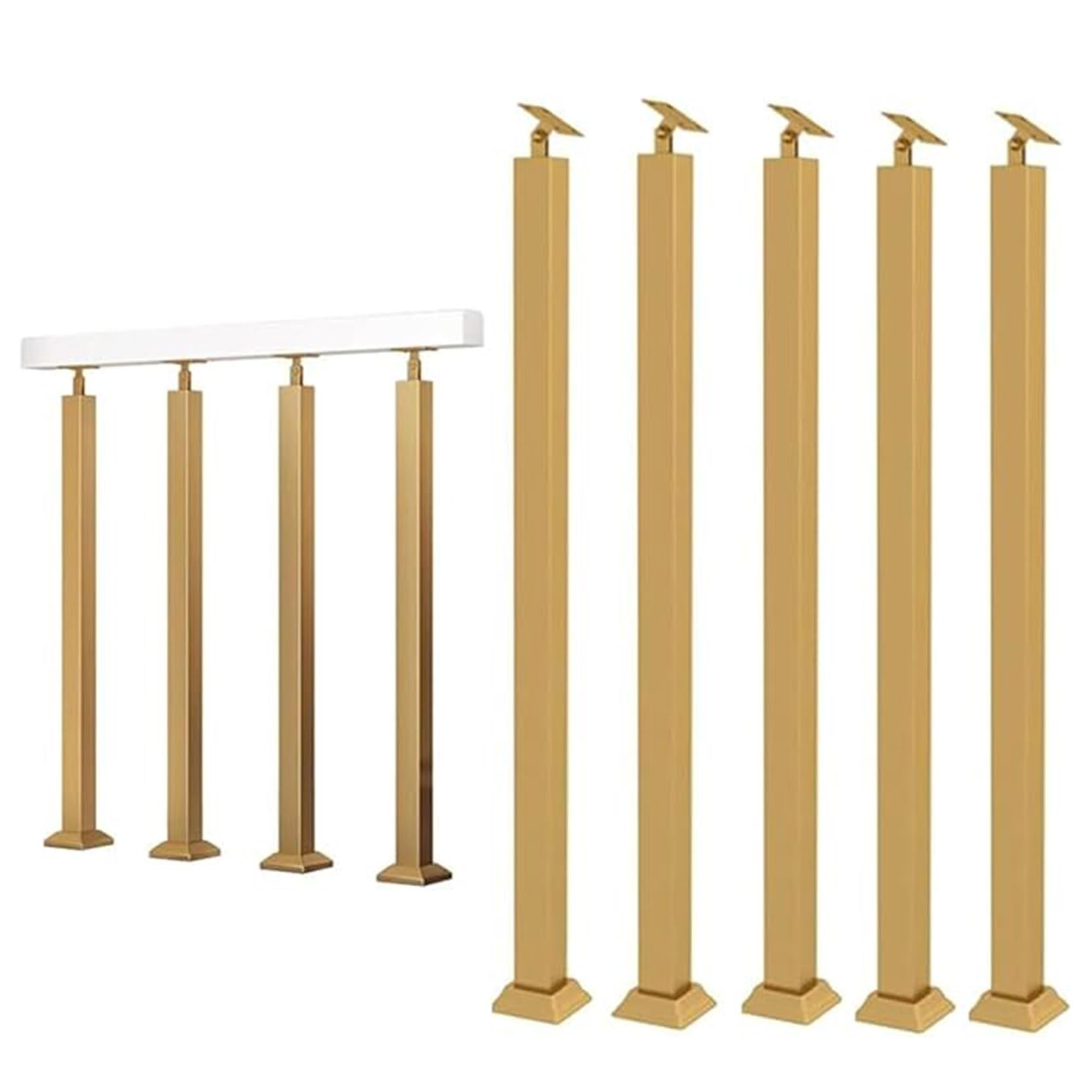 GOUZIBHD 5 Pack Square Metal Railing Spindles with Flat & Adjustable 270° Angle Bracket,Stair Baluster Posts,Indoor Stair Railing Deck Balusters for Deck Steps Balcony(Size:90cm/35.4in,Color:Gold)