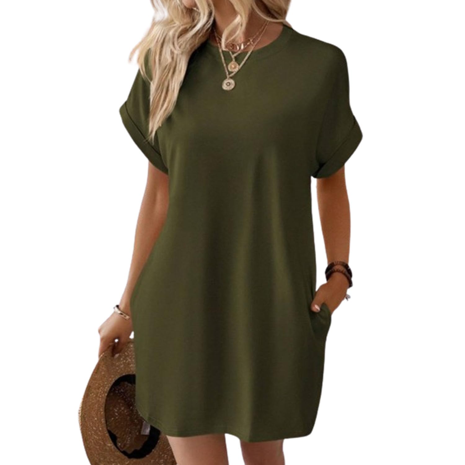 BQTCICUQ Vestido Camisero de Manga Corta, Vestidos de Verano de Manga Corta para Mujer con Bolsillos Vestido Camisero Liso Simple con Bolsillos