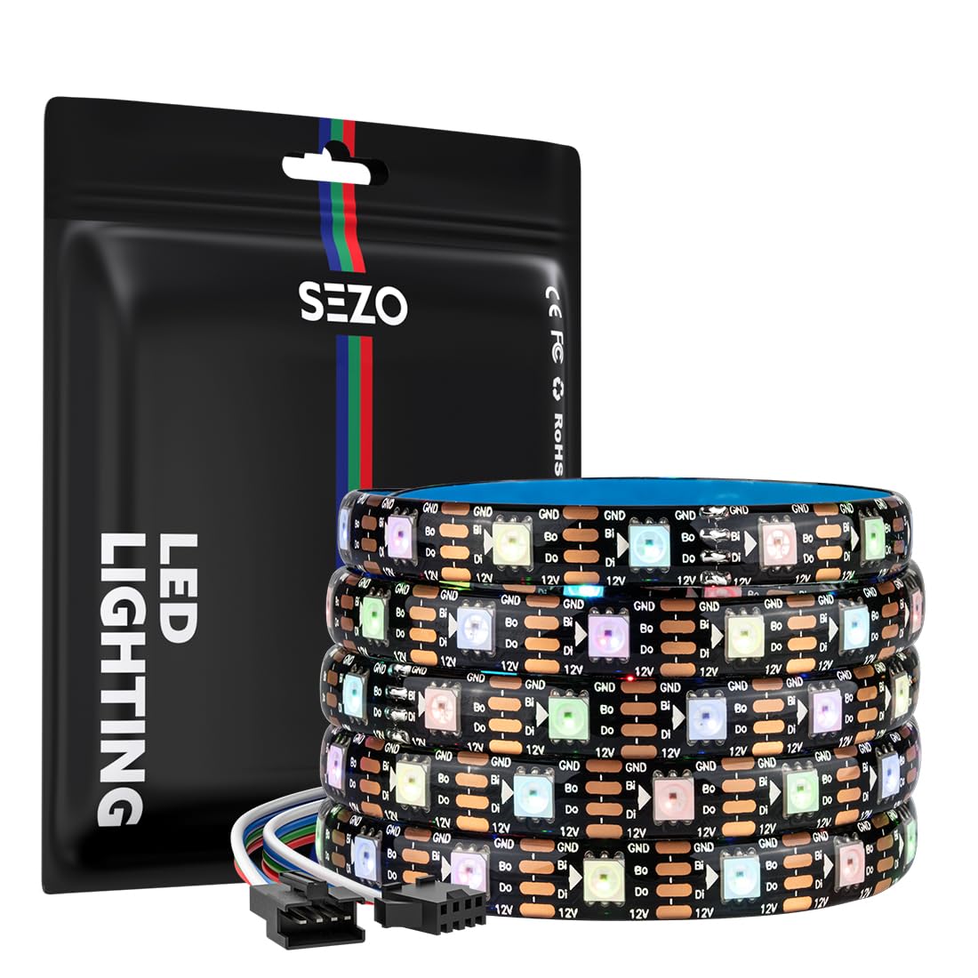 SEZO WS2815 Tira de LED RGB IC(WS2812B Mejorado) DC12V 5M 60LEDs/m Dimmable Color de Ensueño Direccionable Individualmente tira de LED 5050SMD Señal Dual Tira de Luz LED IP65 Impermeable para DIY