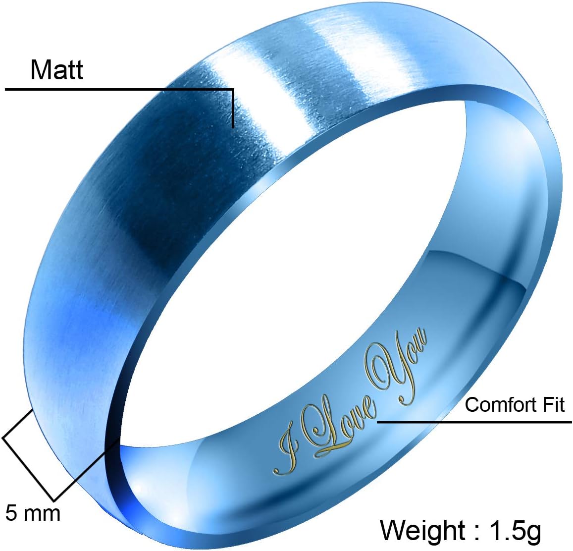 Everstone Women's Matte & Brushed 3MM & 5MM & 7MM Dome Promise Ring Wedding Bands Titanium Ring Color: Blue Engraved I Love You
