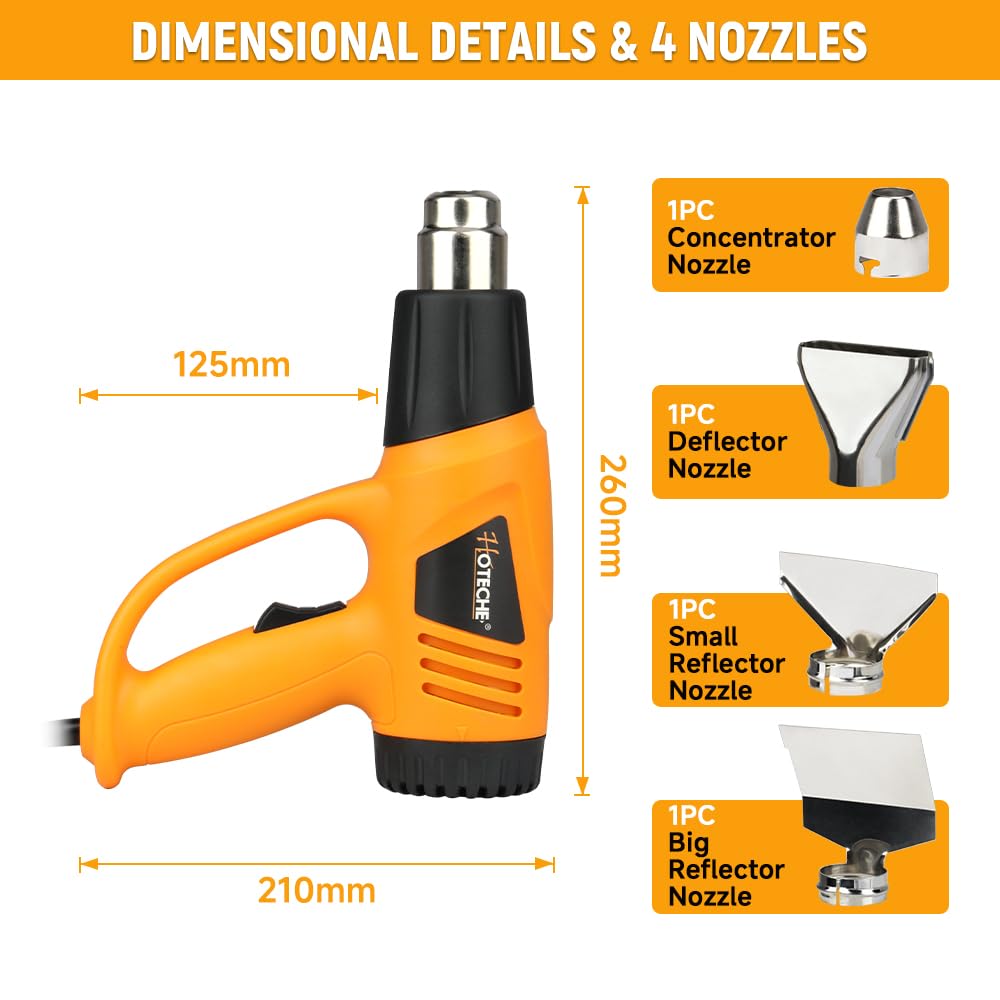 Hoteche Pistola ad aria calda da 2000 W con 4 ugelli, 350 °C e 600 °C, flusso d'aria 480 l/min, isolamento in ceramica, spina VDE, pistola termica per rimozione della vernice, tubo termoretraibile