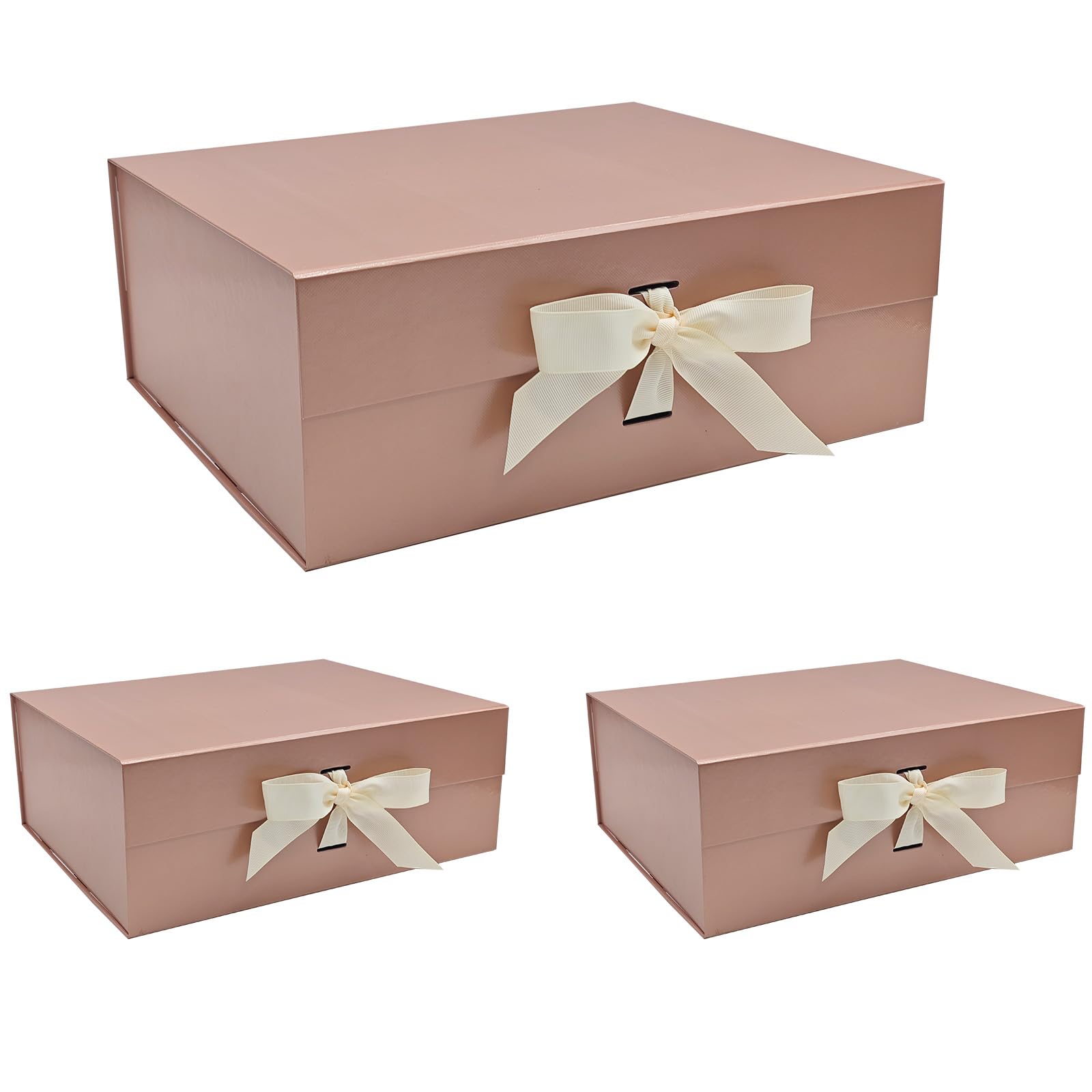Tekhoho 3 PACK Rose Gold Large Gift Box 33.5x27x12.5 cm, Premium Present Box with Magnetic Lid and Ribbon for Holidays Wedding Birthday Gift Packaging, Plaid Lining