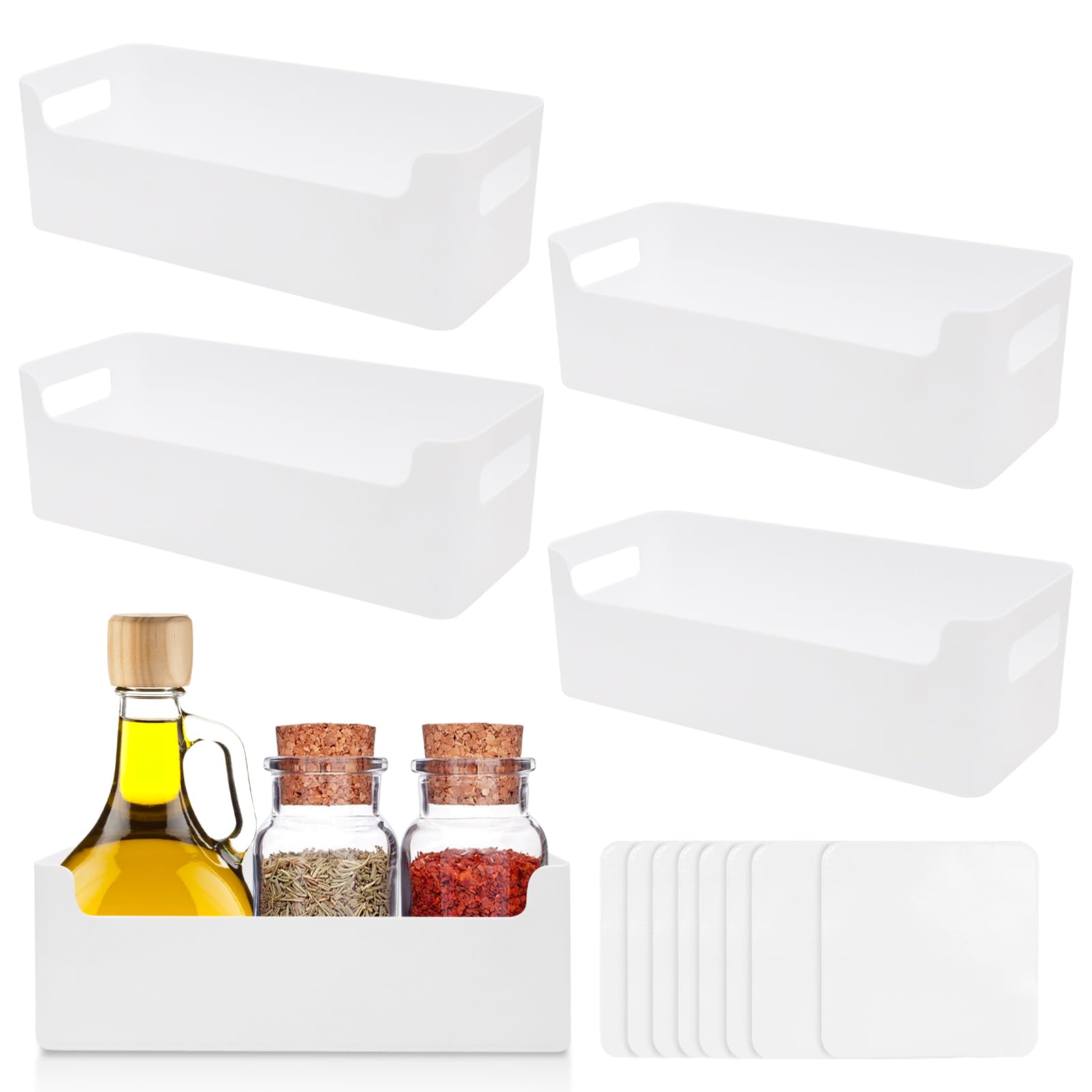 Griwuut White 4 Pcs Plastic Storage Basket, Storage Boxes, Narrow Plastic Storage Boxes Rectangle With Handle, Cupboard, And Bathroom Organizer On Shelves