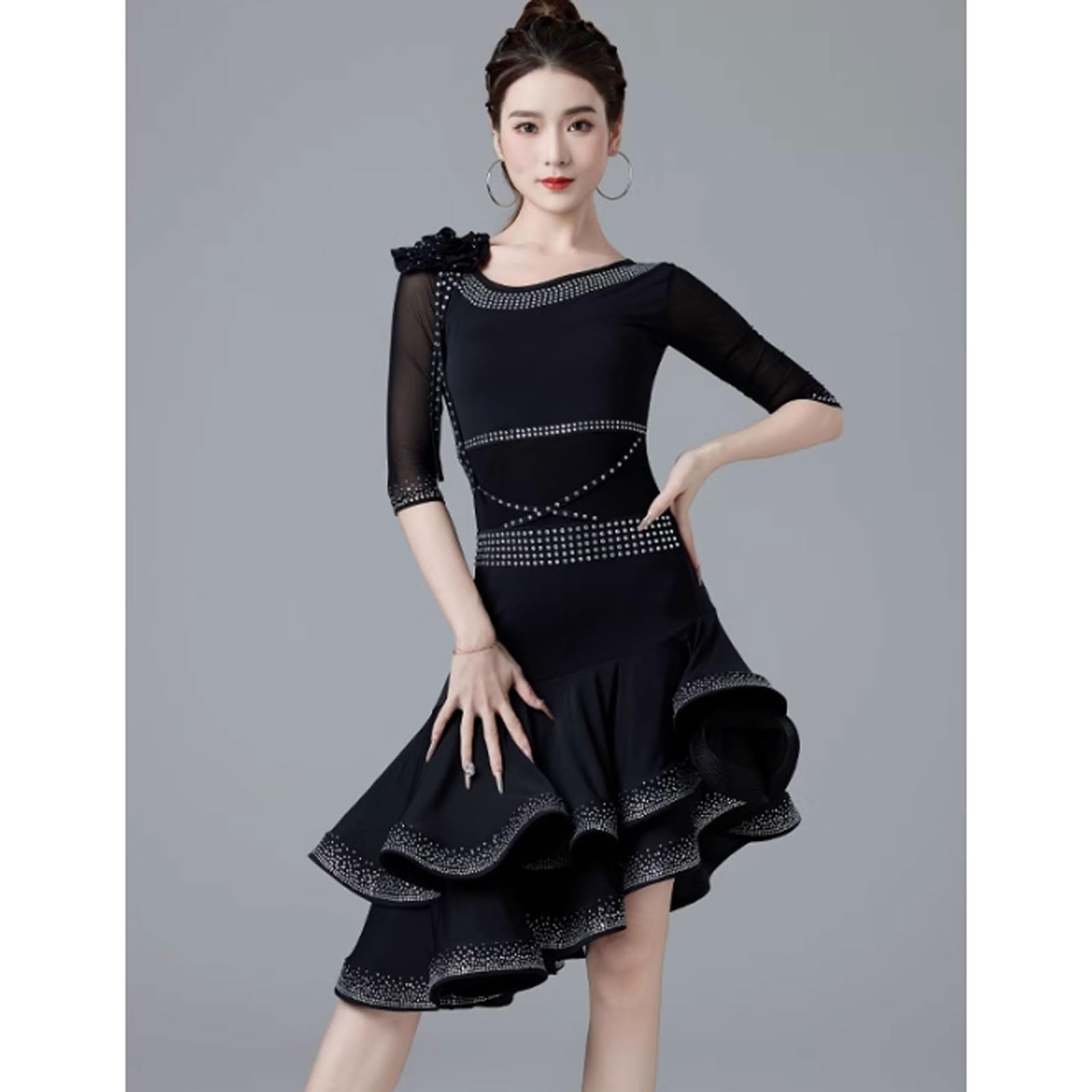 Black,L,FZHQNZJF Sukienka do Tańca Latynoskiego dla Kobiet Sala Balowa Strój do Tańca Cha Cha Tango na Zawody Strój do Tańca Samba Rumba Błyszcząca Spódnica do ćwiczeń Salsa Dziewczyna