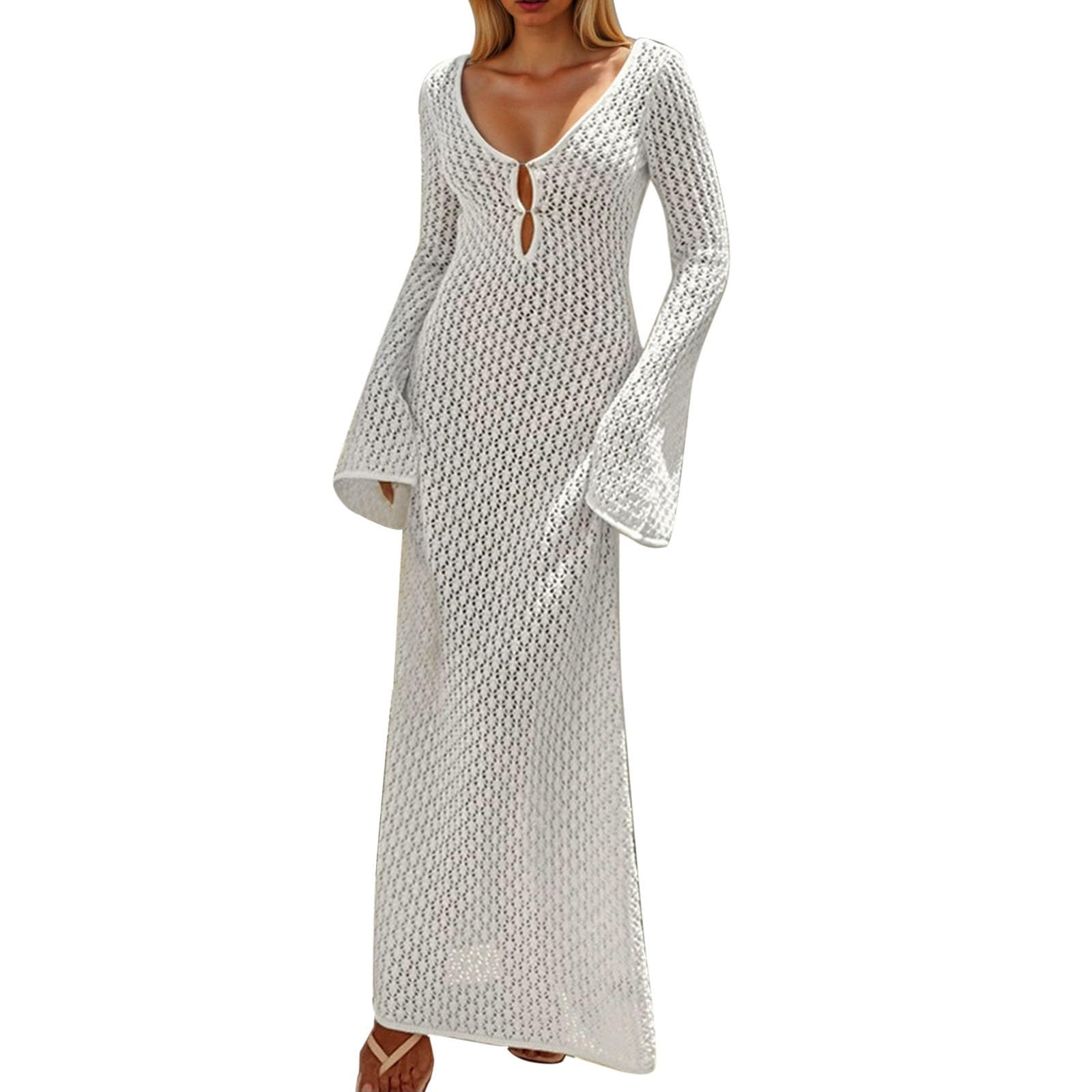 Generisch Damen Häkel-Maxikleid zum Überziehen, für Strand, Schwimmen, Urlaub, langärmelig, figur...
