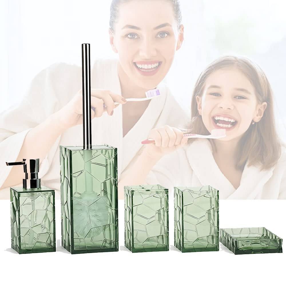 DSMYYXGS 5 Piezas Juego de Accesorios para Baño en 3D Acrílico - Porta Cepillos de Dientes, Jabonera, Dispensador de Jabón, Vaso para Enjuague Bucal, Arbusto de Baño (Color : Green)
