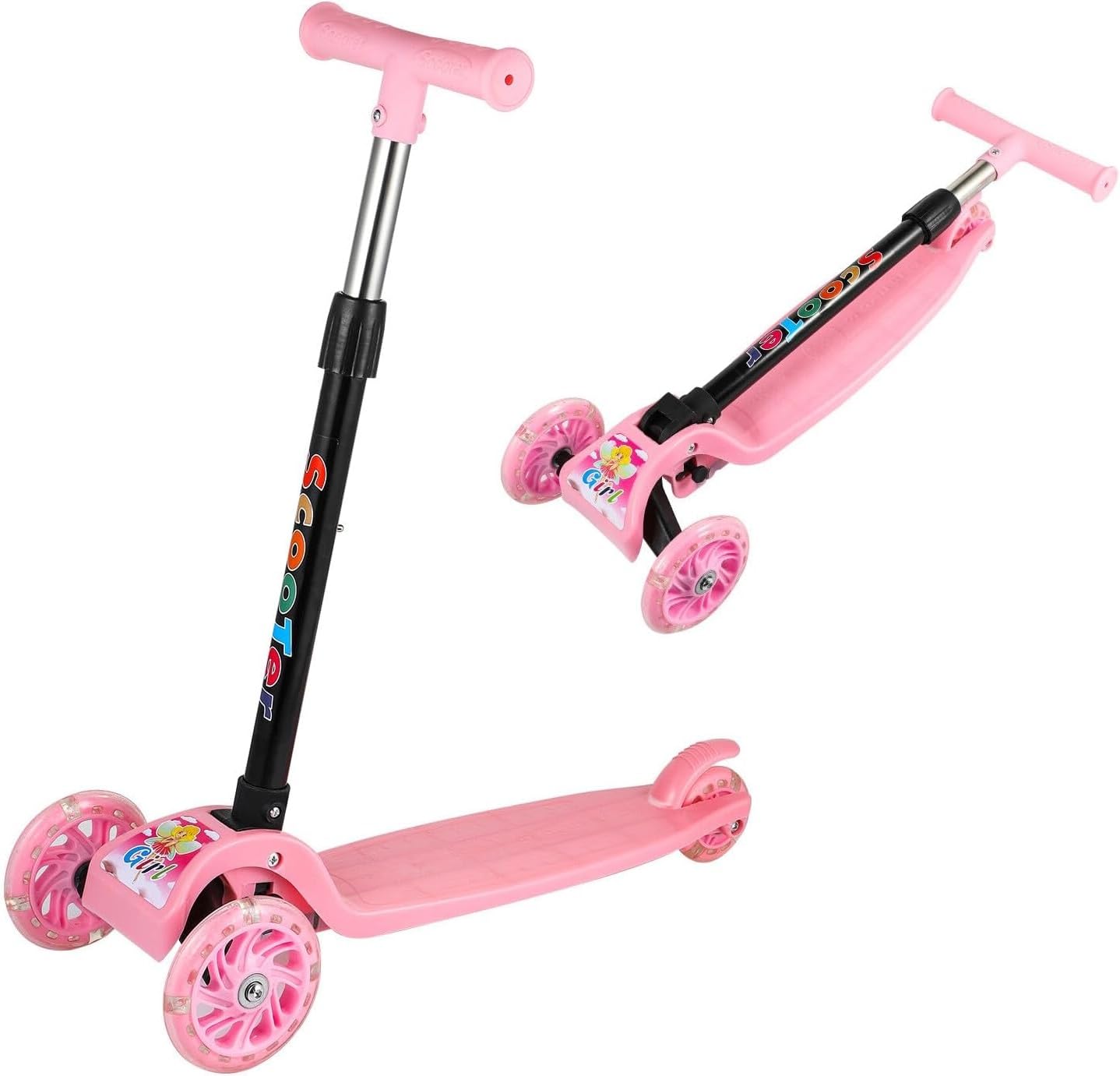 Youyijia Foldable Kids Scooter with LED Light Up Wheels, 3 Wheel Kick Scooter for Boys & Girls, Adjustable Handlebar Heights, Lean to Steer Toddler Scooter, Lightweight Outdoor Scooter