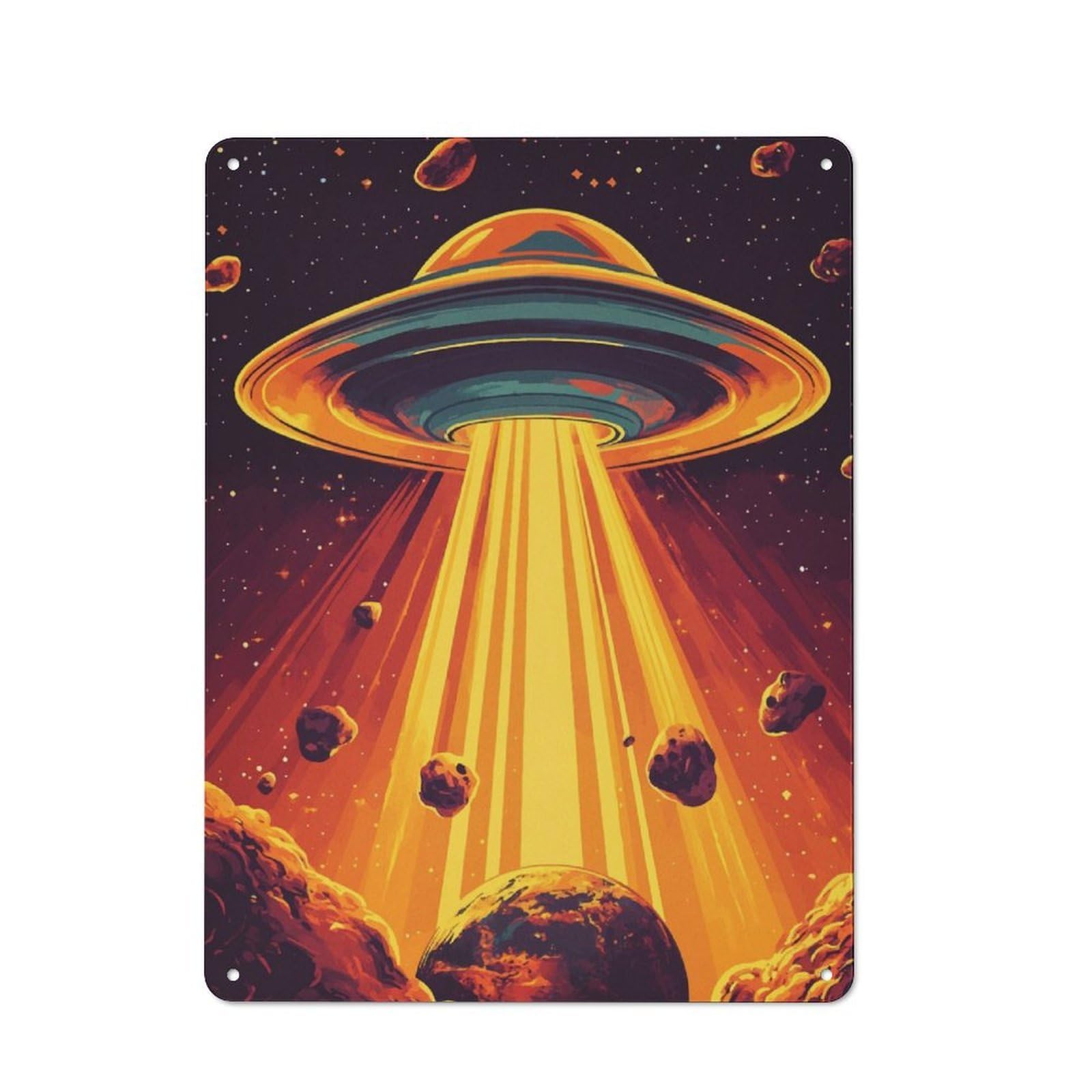 Junmoney Ufo Over Planet Tin Wall Plaque 40X30cm With For Hobby Room Or Studio, For Updating Hobby Room And Studio After Moving