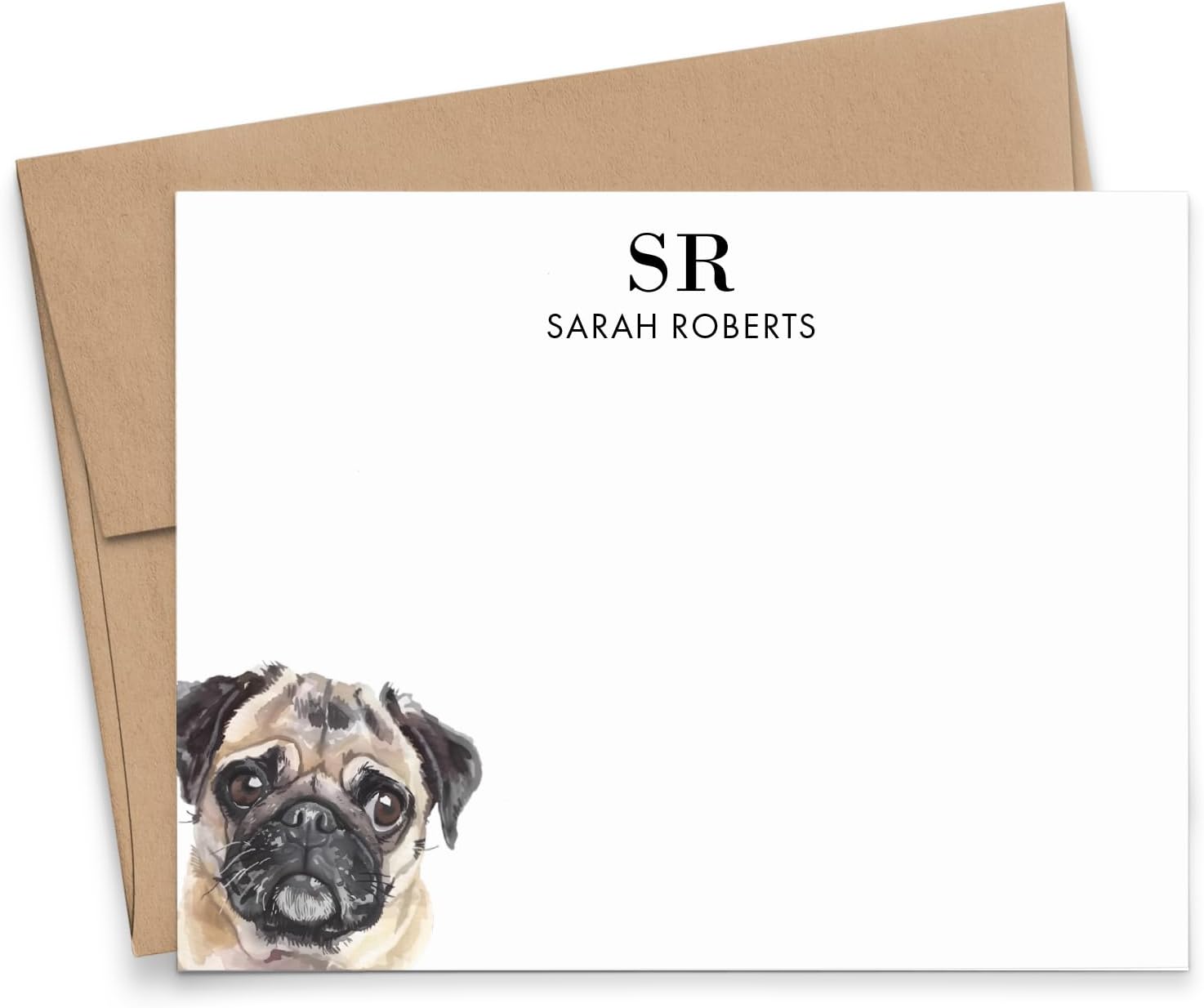 Pug Monogram Stationery Paper and Envelopes Set, Choose Your Dog Breed, FLAT Puppy Notecards With Initials, Cute Stationary With Dogs, Gifts for Pet Lovers, Pugs, Your Choice Of Colors And Quantity