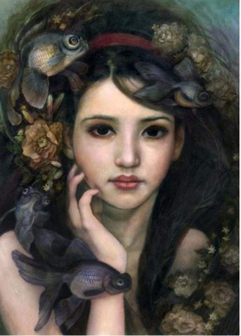 Peinture diamant 5D poisson d'or noir et fille broderie mosaïque ronde 35x50 cm