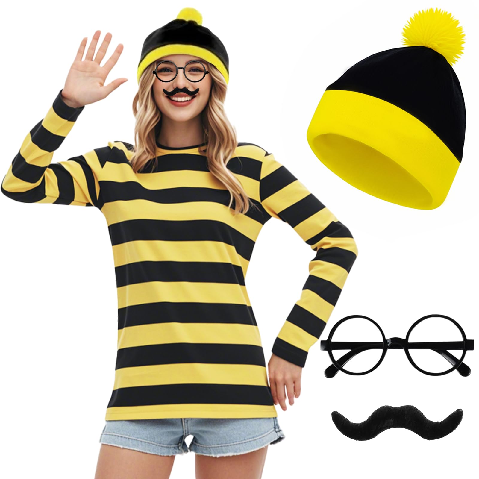 Glirop 4Pcs Yellow and Black Stripe Costume Set, Classic Fancy Dress Costume Outfit with T-shirt, Beanie Hat Glasses Mustache for Women Men Cosplay Halloween Christmas World Book Day (L)