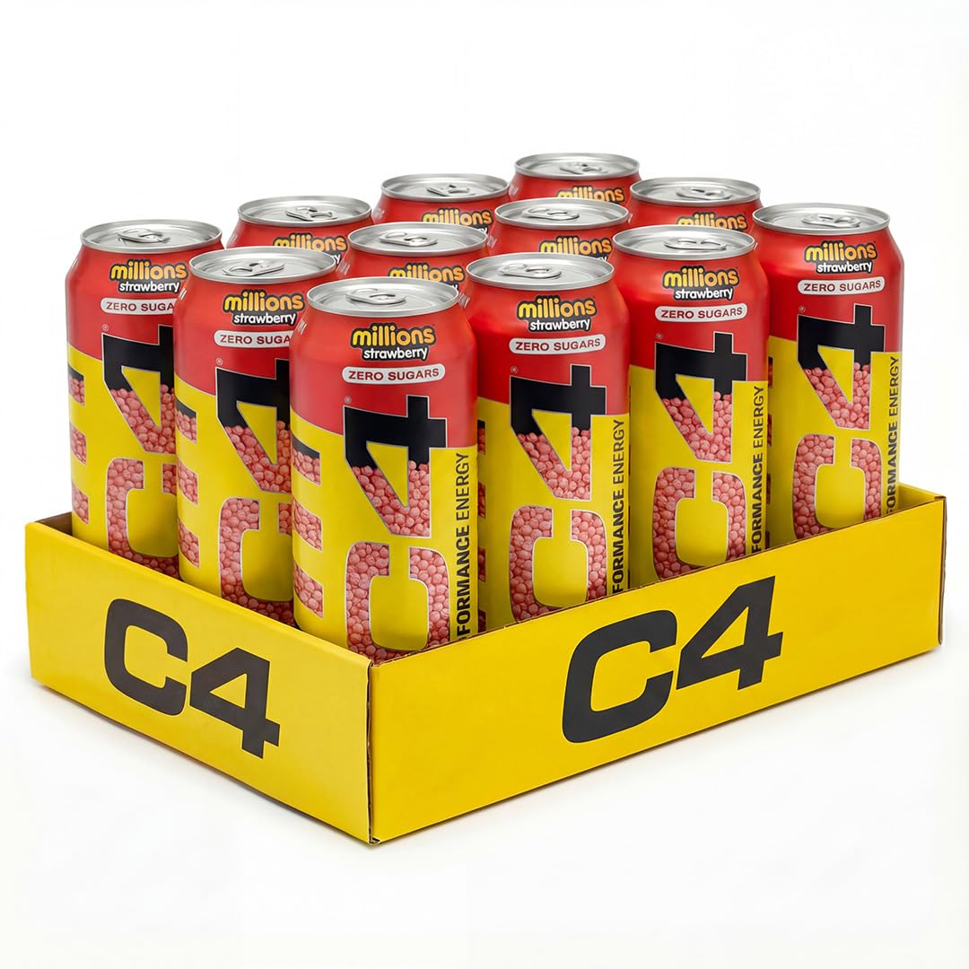 C4 Performance Energy Drinks Millions Strawberry 500ml (12 Pack) | Sugar Free Energy Drink with 160mg Caffeine, 250mg Betaine, 1050mg Taurine | Low Calorie Fizzy Drinks for On The Go Energy and Focus