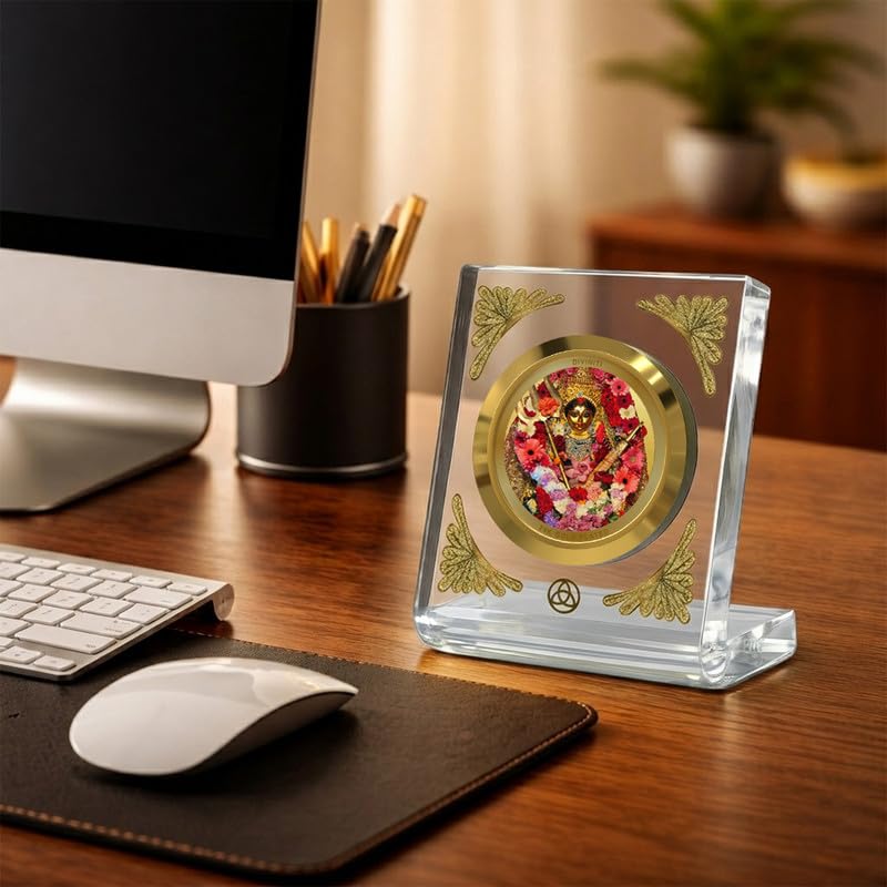 Image of DIVINITI 24K Gold Plated Katyayani MATA Acrylic Frame for Car Dashboard, Home Temple & Office Table | Premium Spiritual Gift, Blessings for Protection & Positivity, 8x7 cm Decorative Showpiece