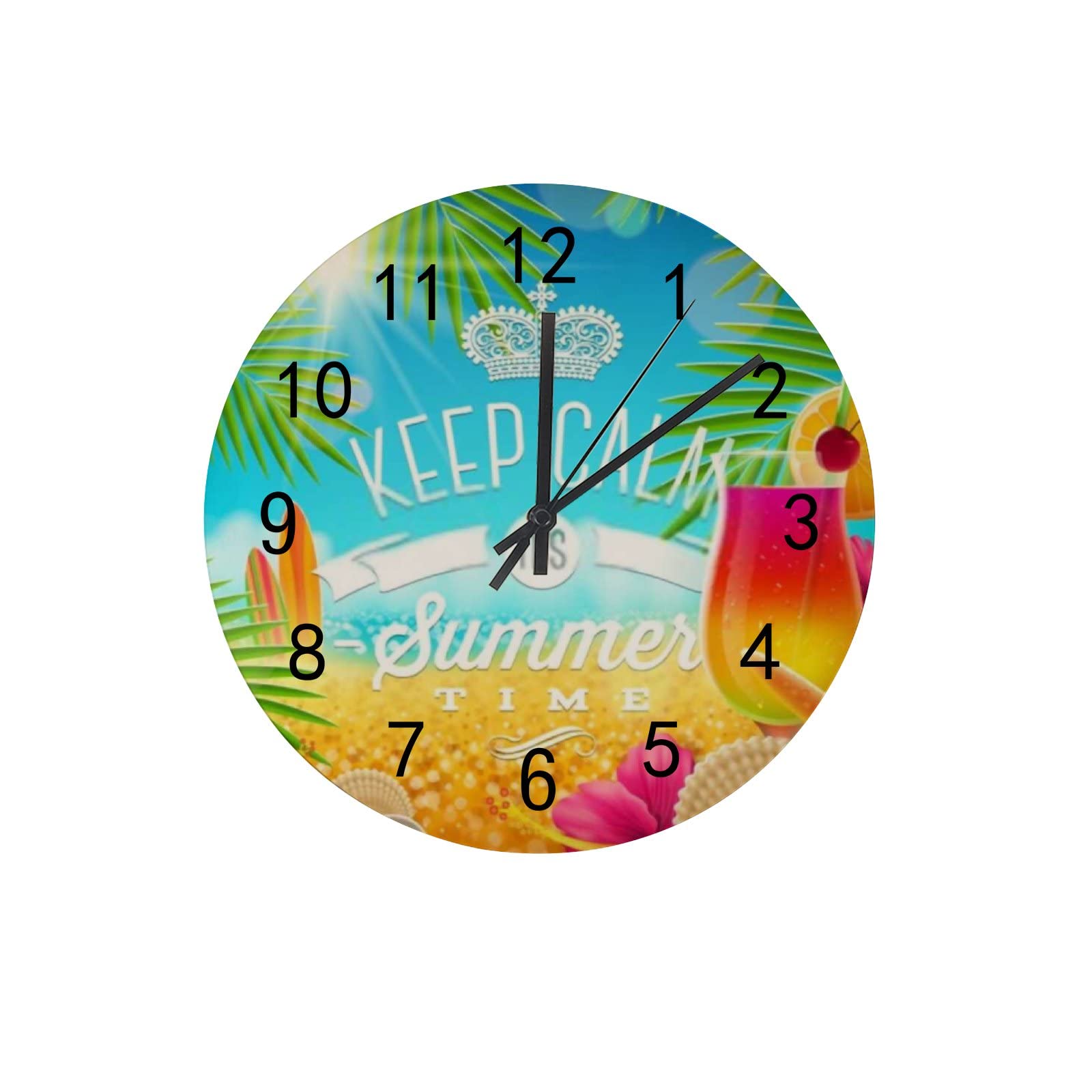 Silent Clock Wall Clock 12" Non Ticking Keep Callm Summer Holidays Greeting Battery Operated Clock Creative Fashionable Home Decor for Kitchen Office School Living Room