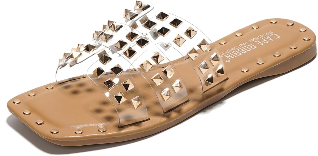 Women's Gold Spike Studded Slide Sandals - Open Toe Slip On Lightweight Comfort for Beach Pool (Amisha)