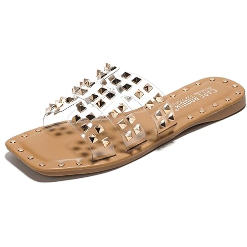 Cape Robbin Women's Gold Spike Studded Slide Sandals - Open Toe Slip On Lightweight Comfort for Beach Pool (Amisha)