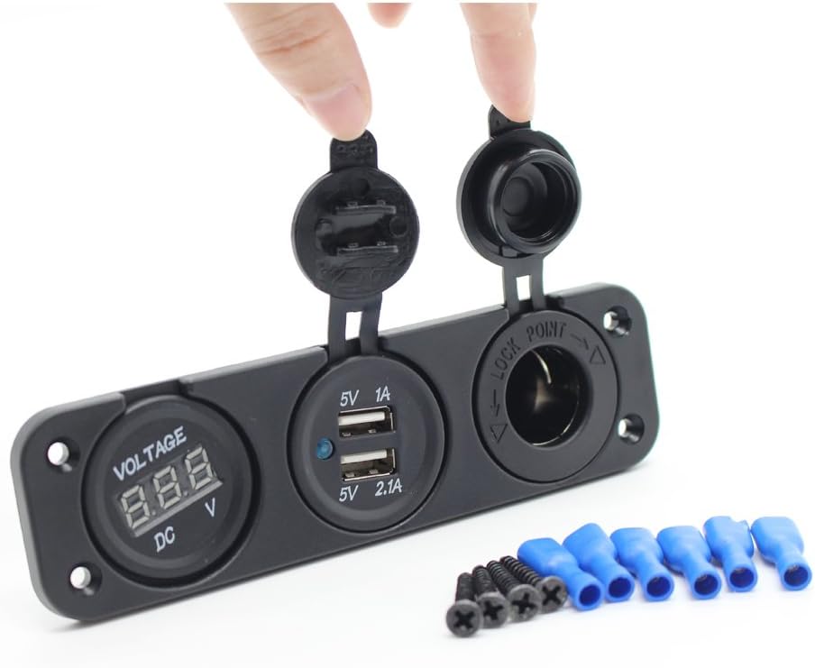 Waylee Motor Car Truck Boat DC Digital Voltmeter Three Hole Panel DC 12V Cigarette Lighter Power Socket Dual USB Port GPS Port Power Supply Charger