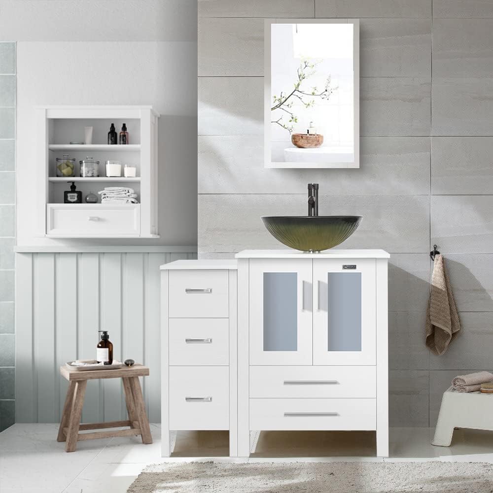 Best Cyber Deals 🔥 eclife 36’’ Bathroom Vanity Sink Combo White W/Side Cabinet Vanity Round Tempered Glass Vessel Sink & 1.5 GPM Water Save Faucet & Solid Brass Pop Up Drain, with Mirror (Contemporary/A12B11W)
