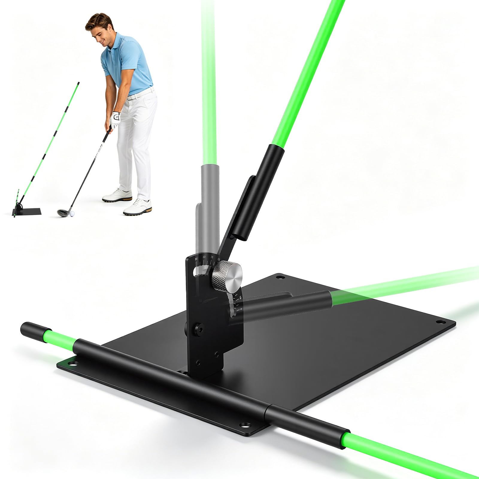 Golf Schwungtrainer Set mit Eisenplatte & 2X 1m Golf Alignment Sticks, Profi Golfschwung Trainer mit Halter für Schwungebene & Ausrichtung, Golf Trainingshilfe für Schwungkorrektur & Haltung