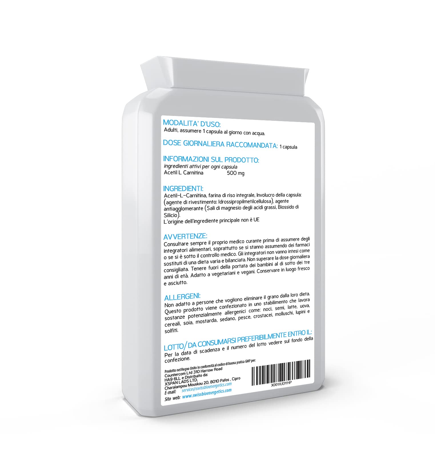 Acetil-L-Carnitina 500mg – ALCAR ad alta potenza senza D-carnitina – Supporto energia, funzione cognitiva e resistenza muscolare – Prodotto nel Regno Unito, vegano, 90 capsule