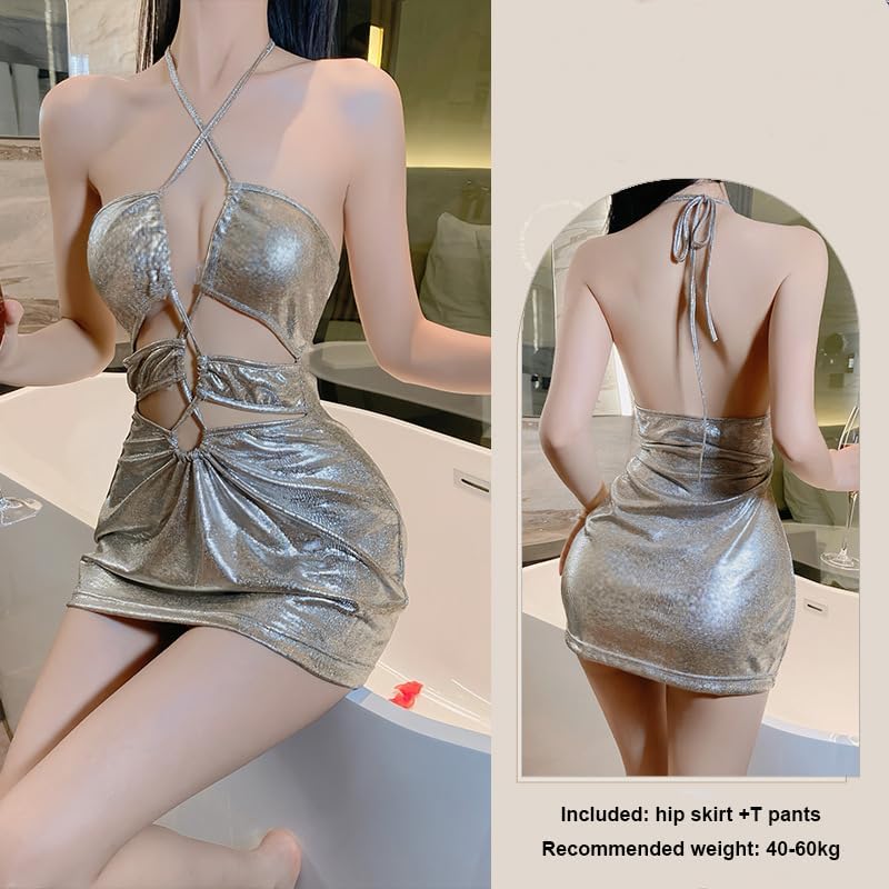 ZYTC Sexy Costume Outfit for Women Babydoll Lingerie Cosplay Costumes Halter Sleeveless Nightwear Dress Silver - Image 6