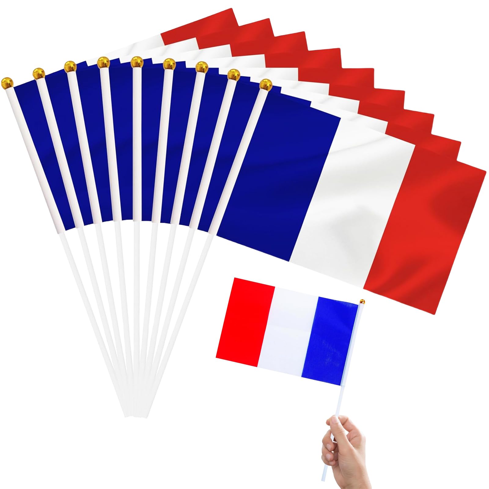 BURGEON Small France Flag, 15 Pieces France Flag 21 x 14 cm Em 2024 Decoration, France Mini Hand-Held Flags with 30 cm White Pole for Football Euro Euro France Olympic Home Garden Party Bar Decoration