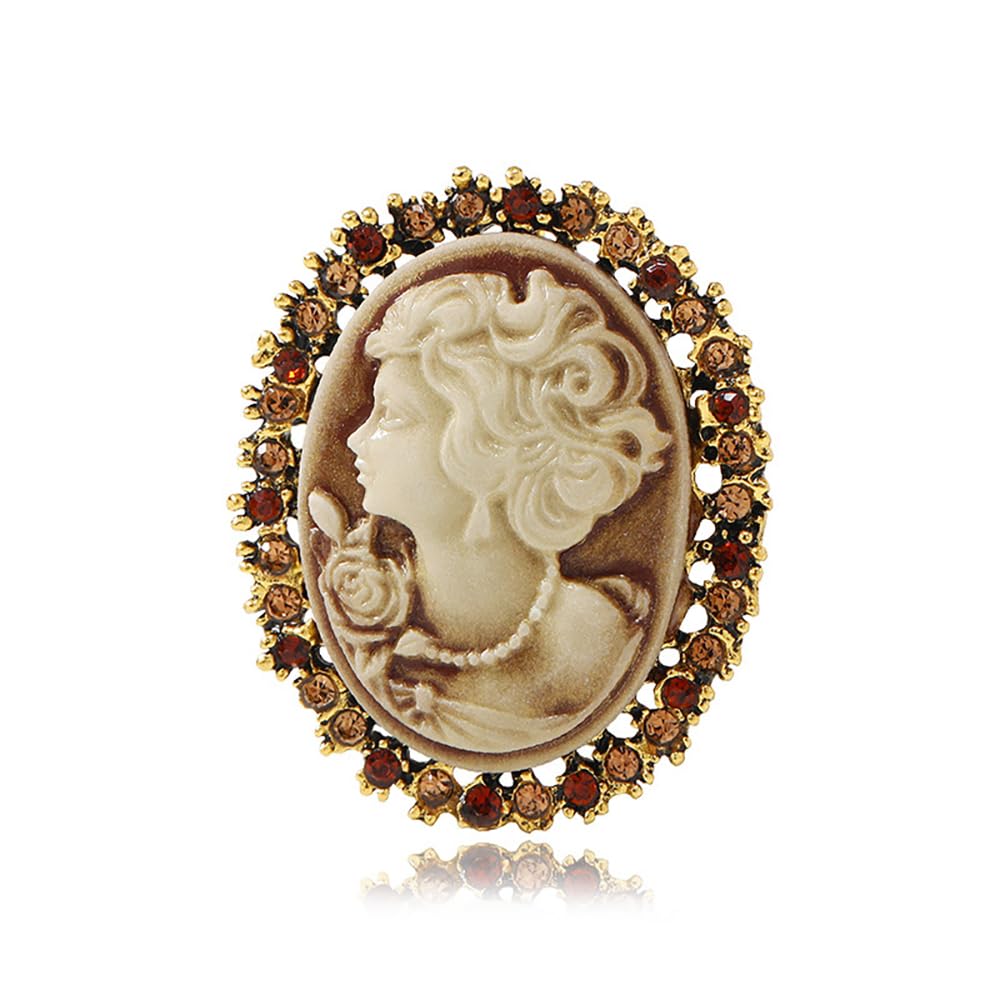 Vintage Style Cameo Victorian Lady Maiden Crystal Rhinestone Pin Brooch (Brown)