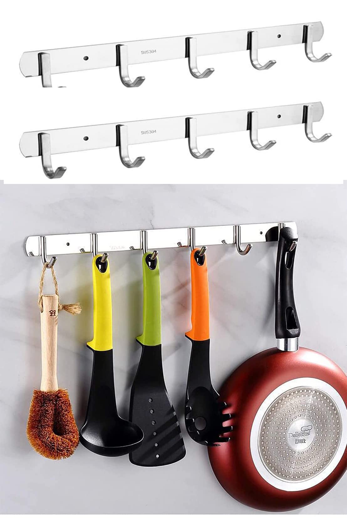 2 Pack Kitchen Rail Stainless Steel Hanging Rack Coat hook with 5 Hooks No Drilling Required Rail for Kitchen Utensils Rustproof Pan Holder Cup Holder for Kitchen Aid Cooking Accessories