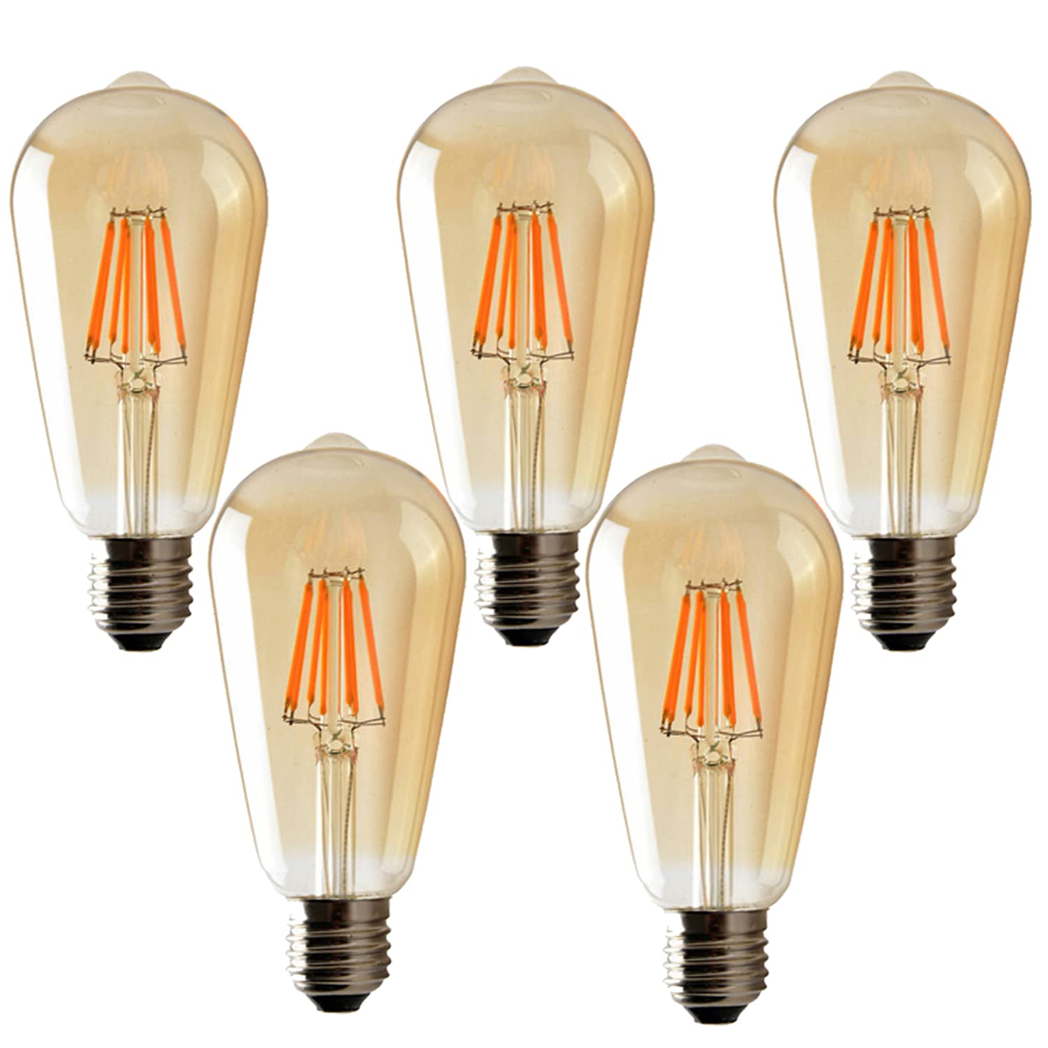 LEDSone LED Edison Bulb, Vintage Light Bulb, 6W E27 Screw 2700K ST64 LED Bulbs, Led Filament Bulbs, Antique Style Retro Amber Glass Screw Lamp 220V - 1 Pack / 2 Packs (5 Bulbs)