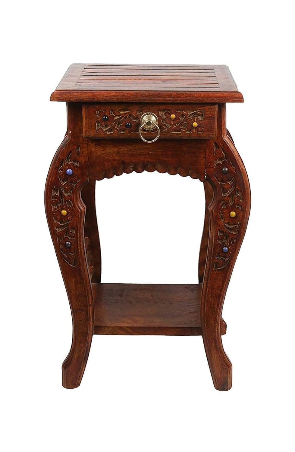 Sheesham Wood Side Table with Drawer | Carved Bedside Table for Bedroom & Living Room - Brown-image-34