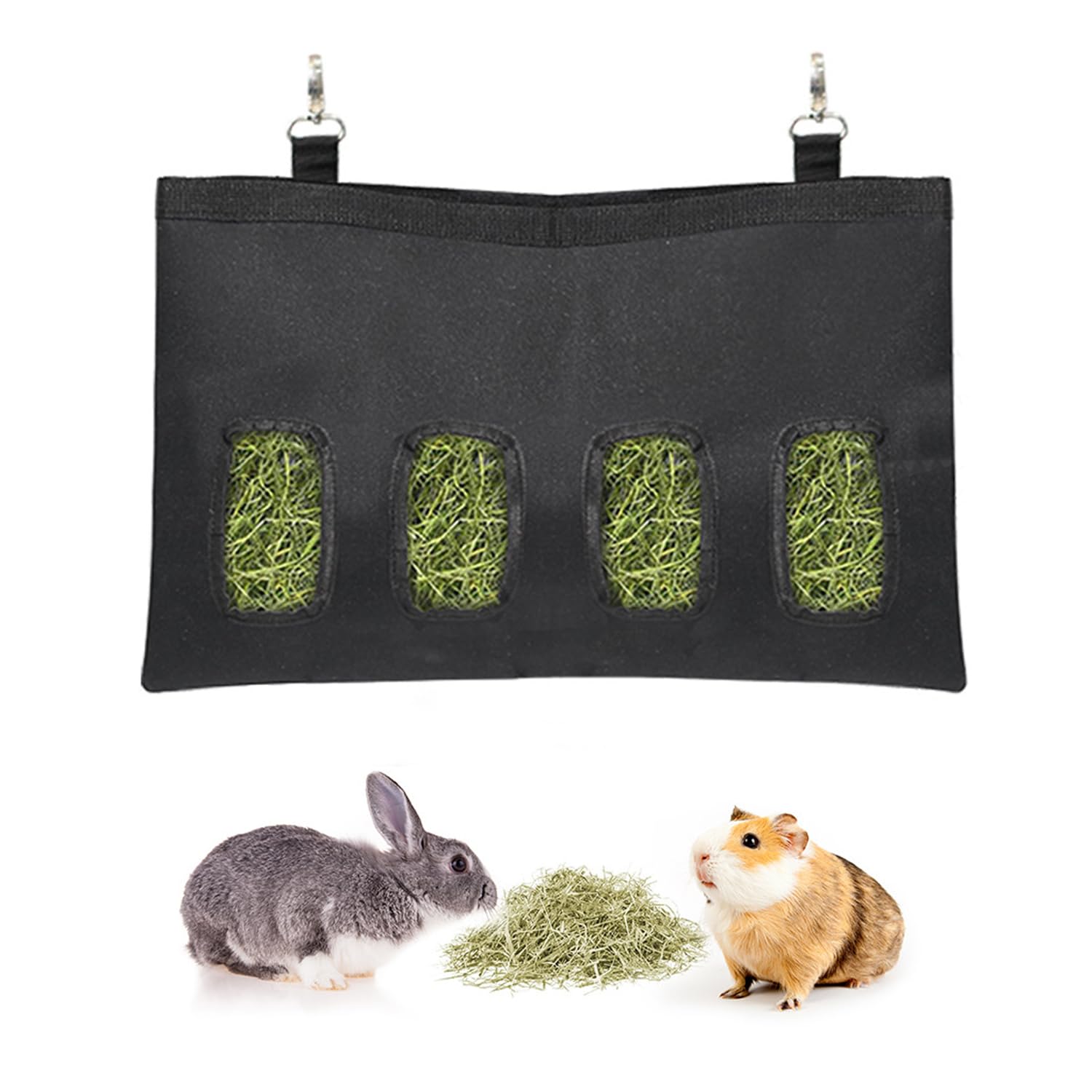 Fibound Black/White 1 Unit Rabbit Hay Feeder Bag With Four Holes | Hanging Forage Dispenser For Small Pets | Automatic Grazing Solution | Cage Mountable Feeding System