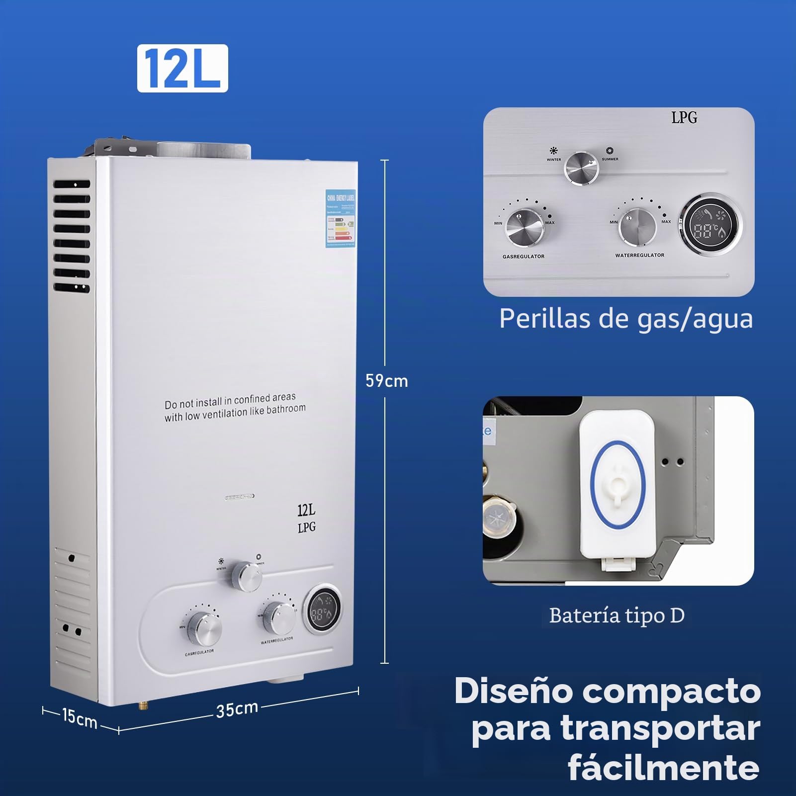 Calentador de agua de gas propano GPL10L, 20 kW, sin agua, con juego de ducha, quemador de caldera de camping, caravana, casa
